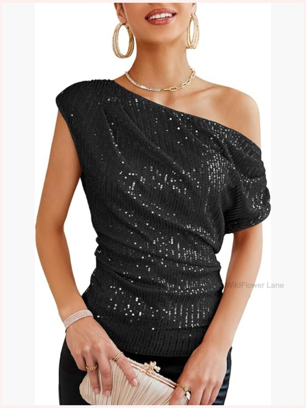 One Shoulder Sequin Sparkly Tops Women Ruched Asymmetrical Glitter Party Shirts